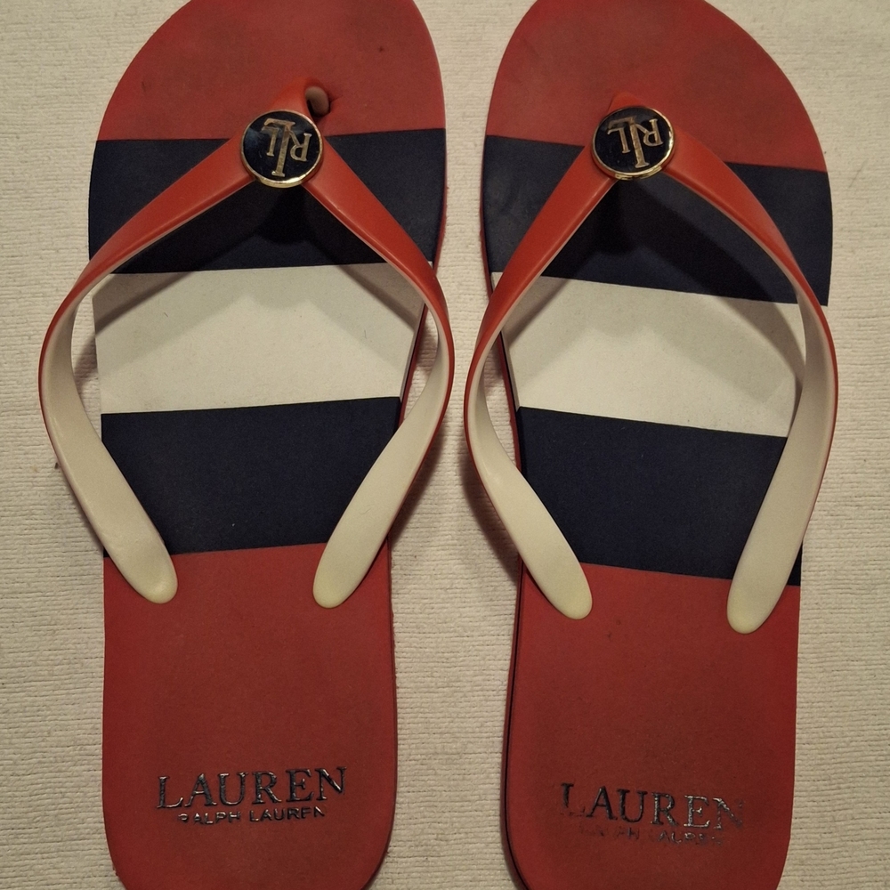 Lauren Ralph Lauren Red, Navy & White Stripe Flip Flops